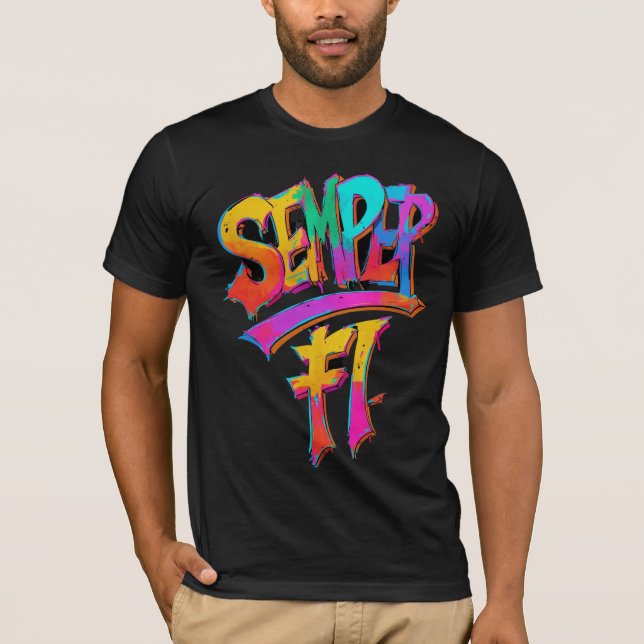 Bold Semper Fi Graffiti T-Shirt militärt Pride (Framsida)