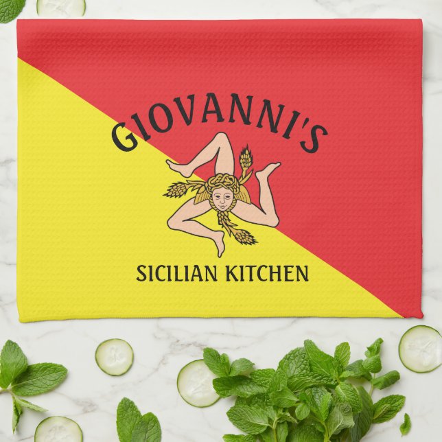 Bold Sicilian, Flagga, röd och Gult Kökshandduk (Vikta)