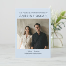 Bold Soft Blue Photo Modern Typography Wedding Spara Datumet