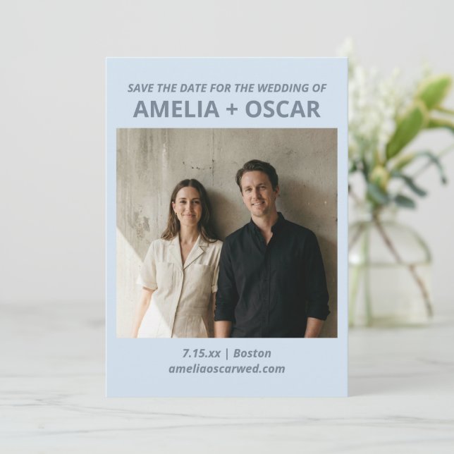 Bold Soft Blue Photo Modern Typography Wedding Spara Datumet (Stående Fram)