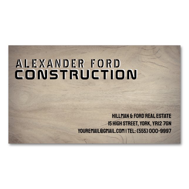Bold Stenciled Wood Construction Affärskort Magnetiska Visitkort (Framsida)