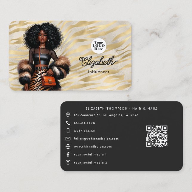 Bold Tiger Print Black Woman Chef Branding Visitkort (Fram/baksida)