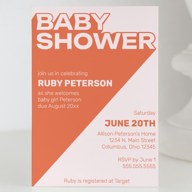 Bold Trendig Typography Färg Block Baby Shower Inbjudningar (gender neutral baby shower invitation bold typography graphic orange and pink modern cool trendy fun)