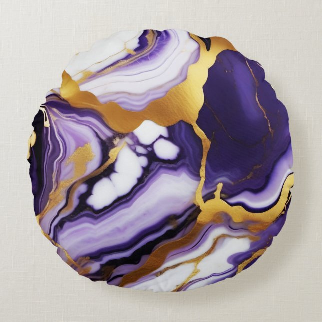 Bold Trendy purple yellow Gold faux marble Rund Kudde (Framsidan)