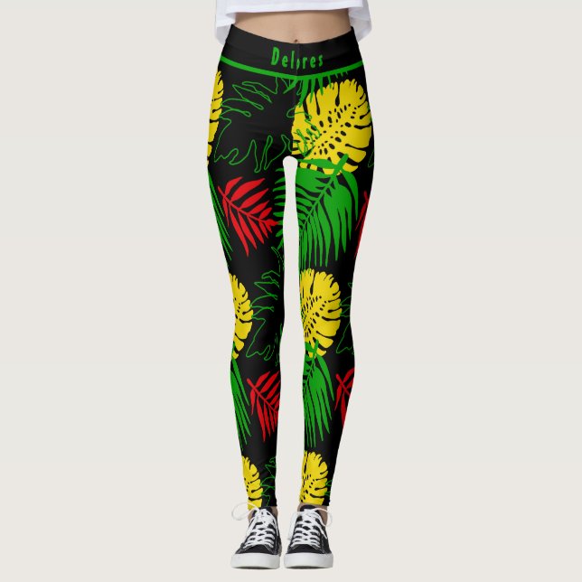 Bold Tropical Botanical Palm Leaves Pattern  Leggings (Framsida)
