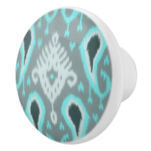 Bold Turcos Blue Grått Ikat Tribal Art Mönster Knopp