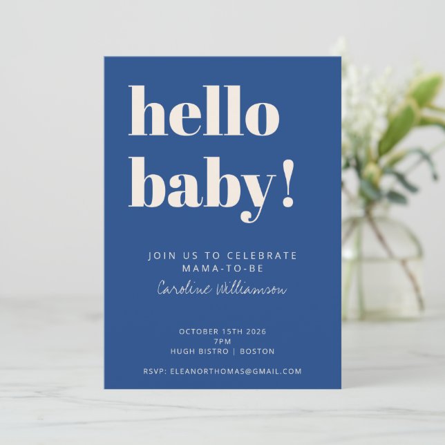 Bold Typografi Blue Modern Cute Baby Shower Inbjudningar (Stående Fram)