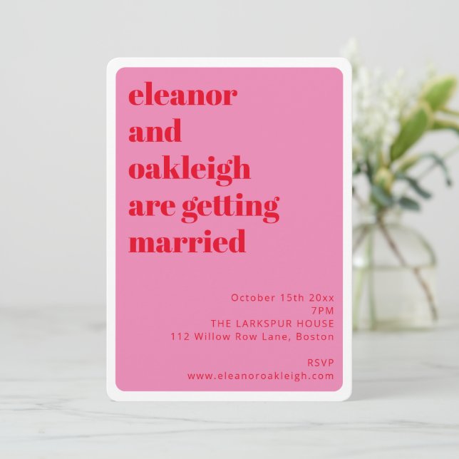 Bold Typography Bright Pink Red Stylish Wedding Inbjudningar (Stående Fram)