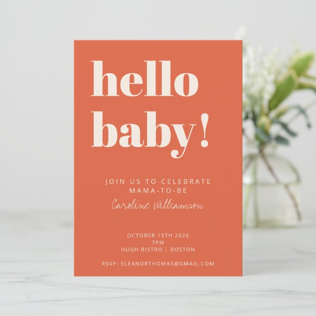 Bold Typography Modern Burnt Orange Baby Shower Inbjudningar (Stående Fram)