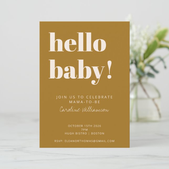 Bold Typography Modern Mustard Guld Baby Shower Inbjudningar (Stående Fram)