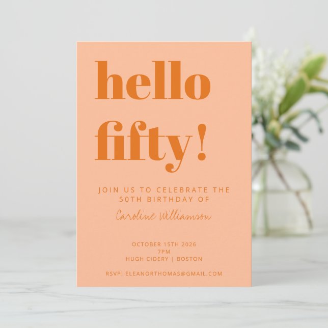 Bold Typography Peach Orange Modern 50th Birthday Inbjudningar (Stående Fram)