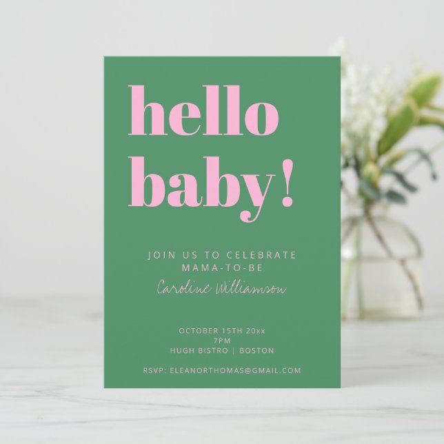Bold Typography Pink Green Modern Baby Shower Inbjudningar (Stående Fram)