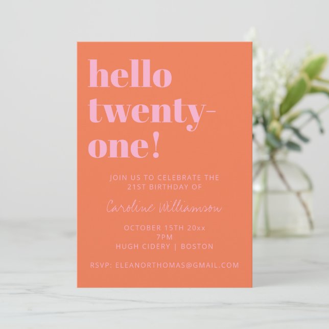 Bold Typography Pink Orange Modern 21st Birthday Inbjudningar (Stående Fram)