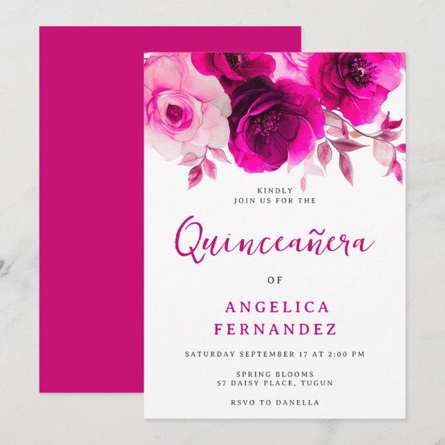 Bold Vibrant Fuchsia Rosa ros Quinceanera Party Inbjudningar (Fram/baksida)