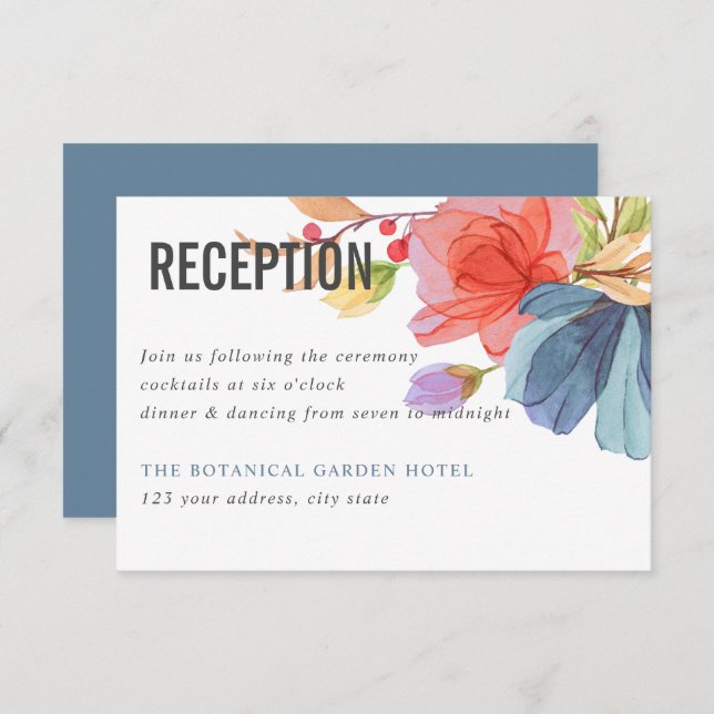 Bold Watercolor Wildblomme Blue bröllopsrecept Inbjudningar (Fram/baksida)