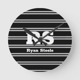 Bold White Monogram & Name, Lt Grey Lines on Black Rund Klocka