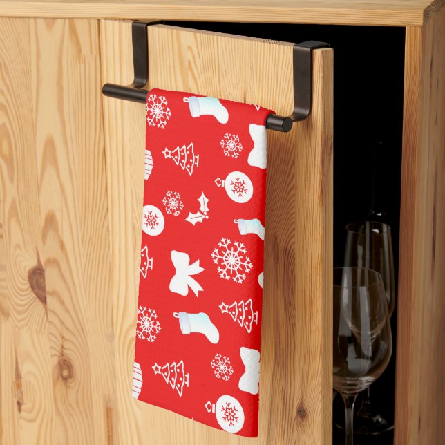 Bold White på Red-julen Kökshandduk (Thirds Fold)
