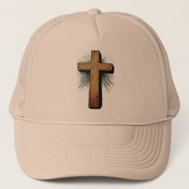 Bold Wooden Christian Cross Trucker Hat Keps