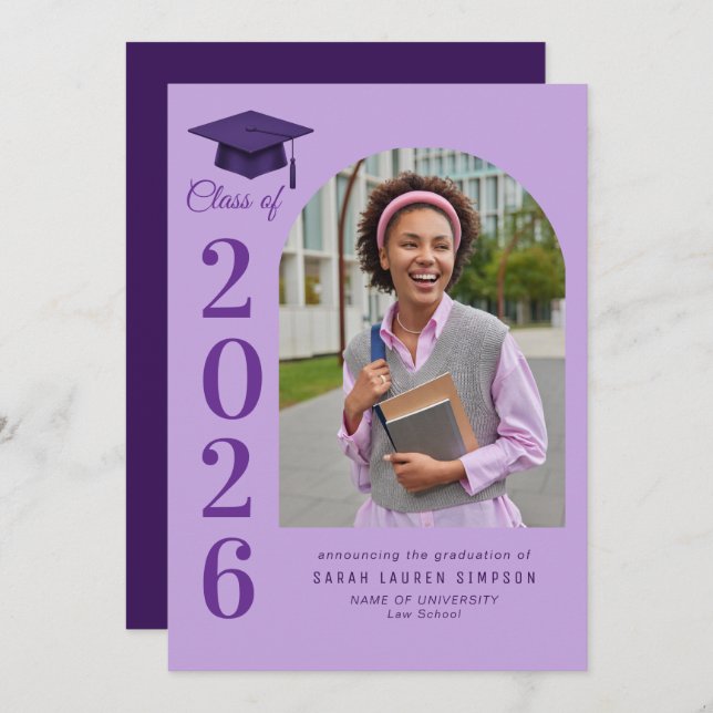 Bold year purple graduation photo announcement inbjudningar (Fram/baksida)