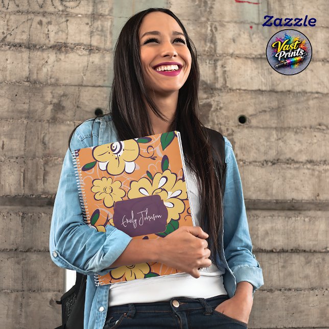 Bold Yellow Bloom Orange Floral Script Custom Name Anteckningsbok (Bold Yellow Bloom Orange Floral Script Custom Name Notebook)