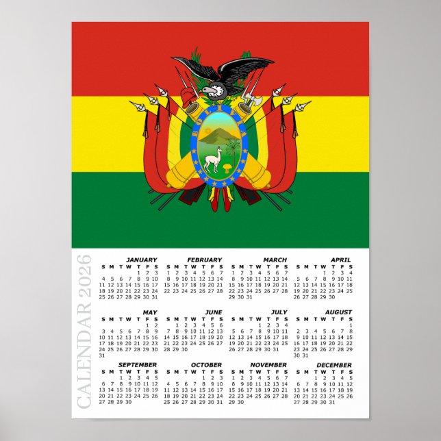 Bolivia 2026 Calendar, Large, Bolivian Flag Poster (Framsidan)