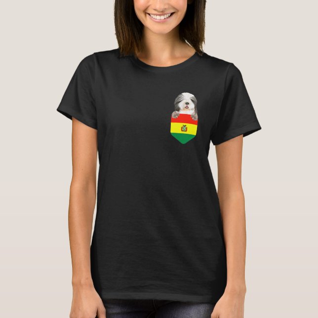 Bolivia Flagga Bearded Collie Hund In Pocket T Shirt (Framsida)