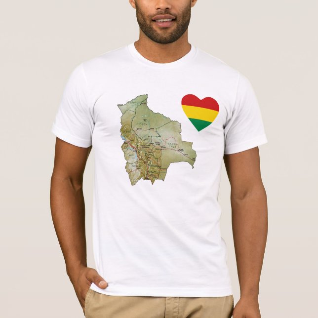 Bolivia Flagga Heart och Karta T-Shirt (Framsida)