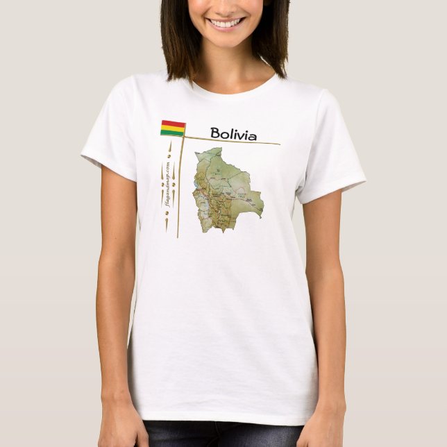 Bolivia Kart + Flagga + Titel T-Shirt (Framsida)