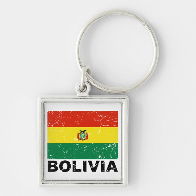 Bolivia vintageflagga fyrkantig silverfärgad nyckelring (Framsidan)