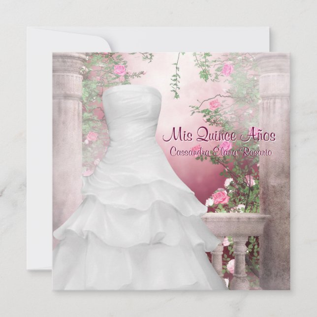 Boll Gown Rosa ros Quinceanera Inbjudningar (Framsida)