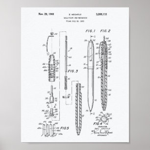 Boll Point Pen 1966 Patent Art White Papper Poster