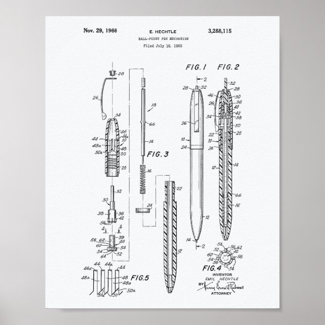 Boll Point Pen 1966 Patent Art White Papper Poster (Framsidan)
