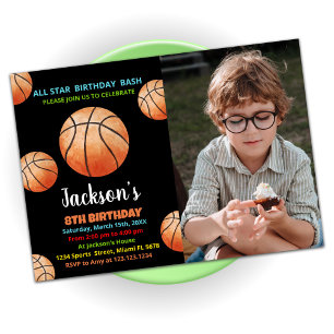 Bollar Black Orange Basketball Birthday Photo Inbjudningar