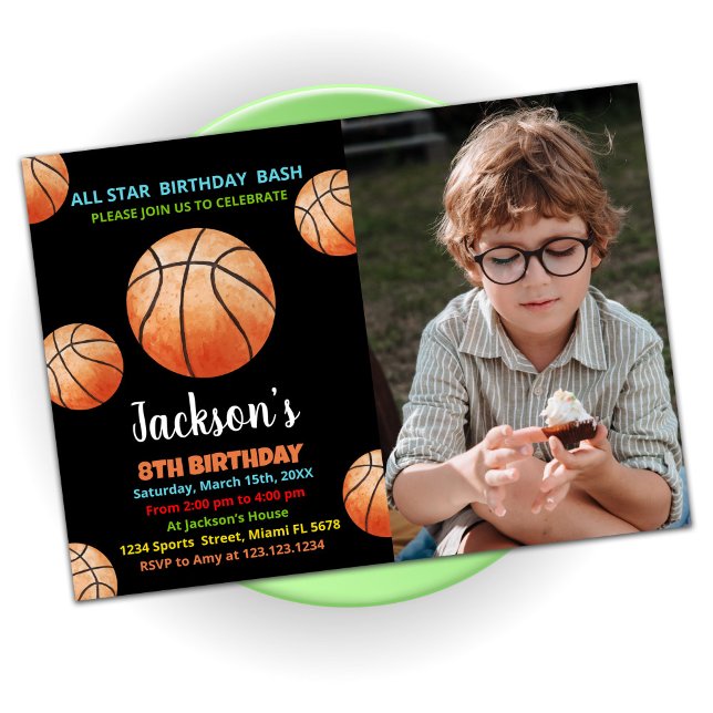 Bollar Black Orange Basketball Birthday Photo Inbjudningar (Skapare uppladdad)