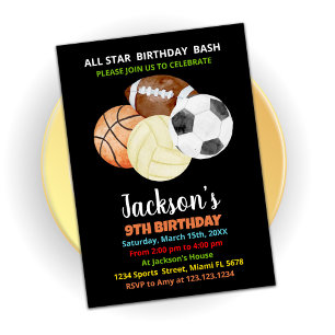 Bollar Black Orange Sports Birthday-inbjudningar Inbjudningar