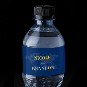 Bollasbröllop för blå världskarta vattenflaskor etikett