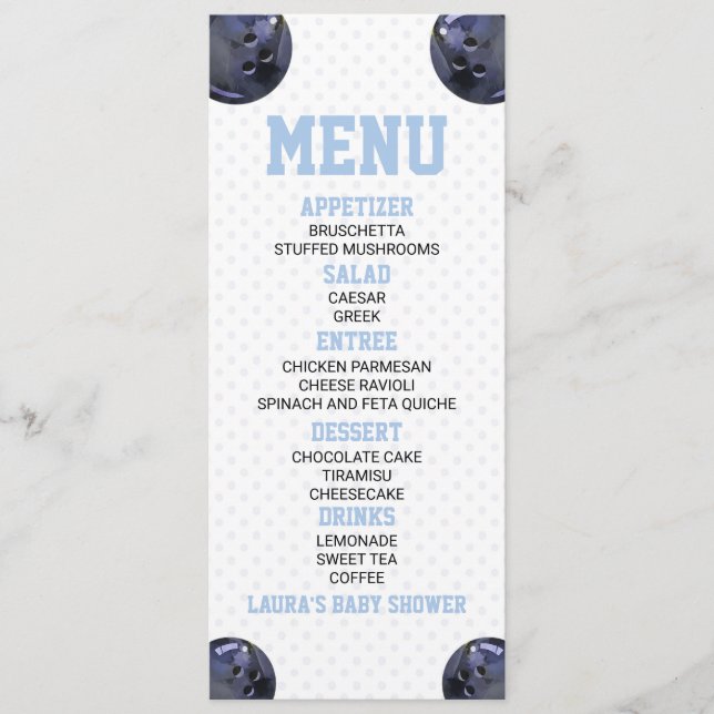 Bollning Ball Sports Blue Baby Shower Food Meny (Framsida)