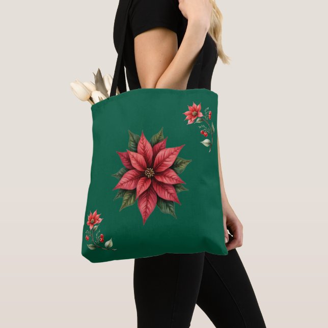 Bolsa Tote Natal verde e Flores Vermelhas Tygkasse (Närbild)