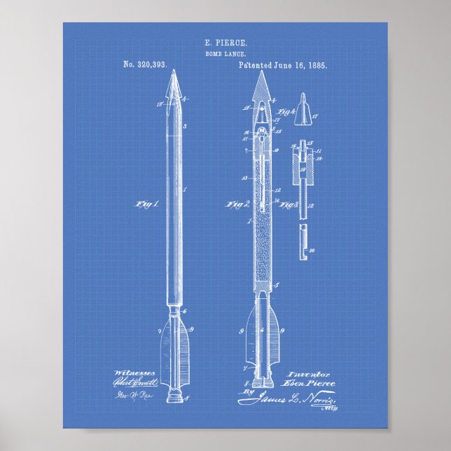 Bomb Lance 1885 Patent Art Blueprint Poster (Framsidan)