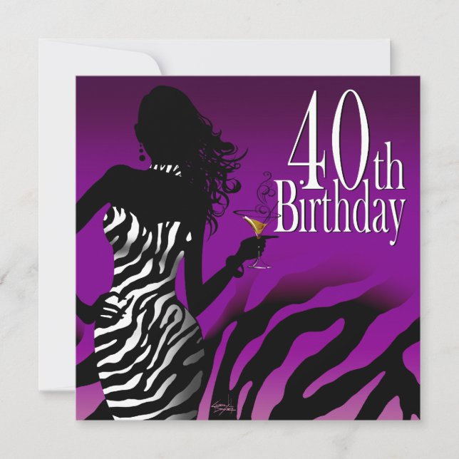 Bombshell Zebra 40:e födelsedag Party Lila Inbjudningar (Framsida)