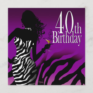 Bombshell Zebra 40:e födelsedag Party Lila Inbjudningar