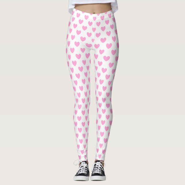 Bomull Candy Rosa polka-hjärtan på vitt Leggings (Framsida)