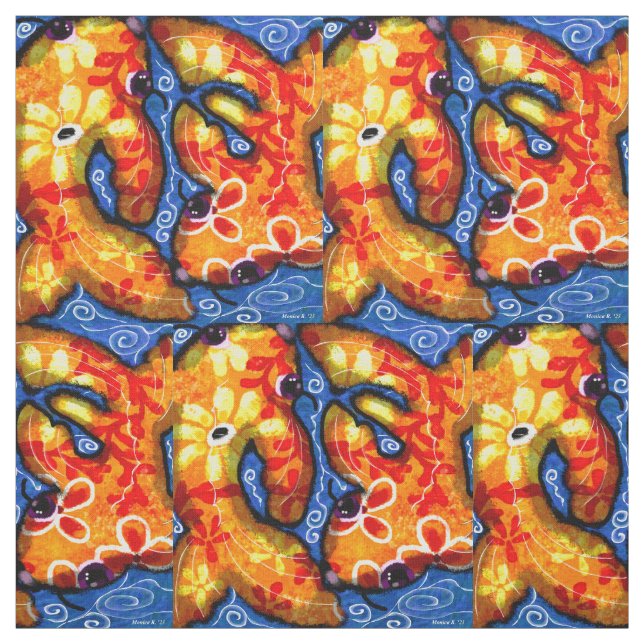 Bomull Fabric - Whimsical Abstrakt Koi Fish Blue Tyg (Provkarta)