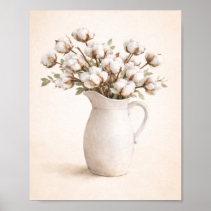 Bomullblommor i vit kruka Neutralt lantlig stil Poster