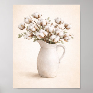 Bomullblommor i vit kruka Neutralt lantlig stil Poster
