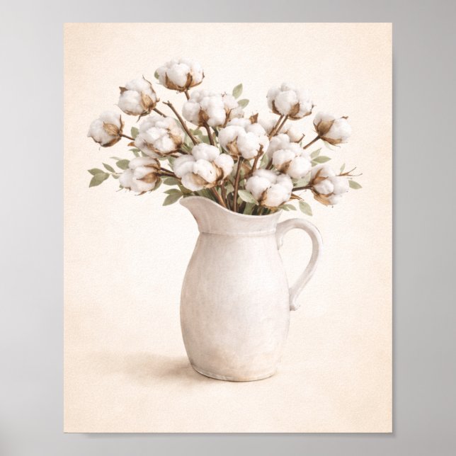Bomullblommor i vit kruka Neutralt lantlig stil Poster (Framsidan)