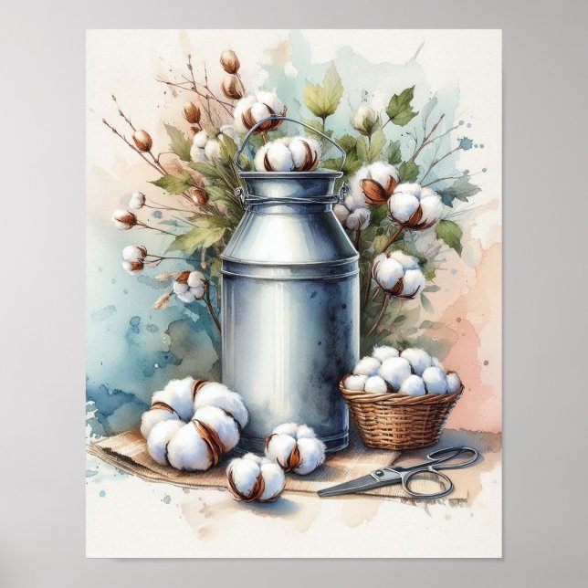 Bomullsbukett i mjölkburk poster (Framsidan)