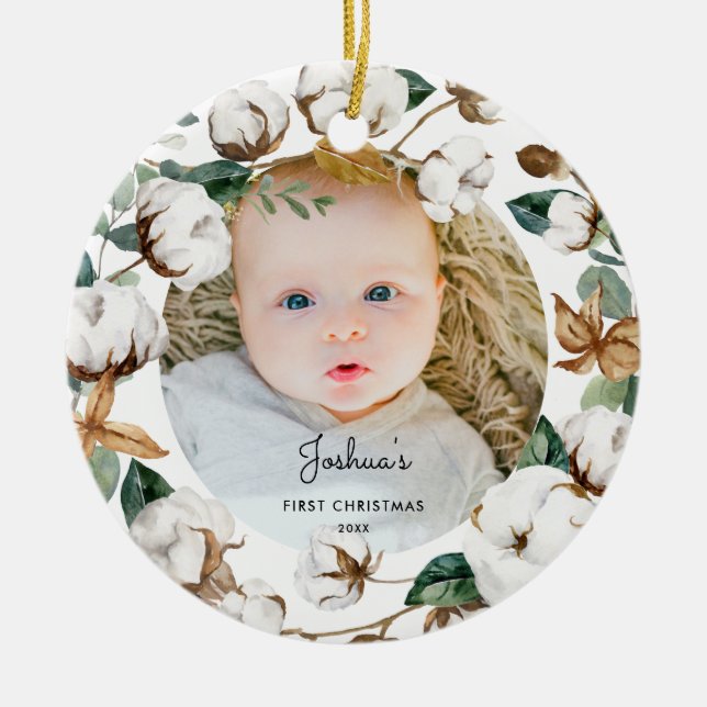 Bomullskrutans Baby 1:a julfoto Ornamet Julgransprydnad Keramik (Framsidan)