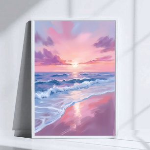 Bomullssockerstrand Rosa havsvågor-målning Poster