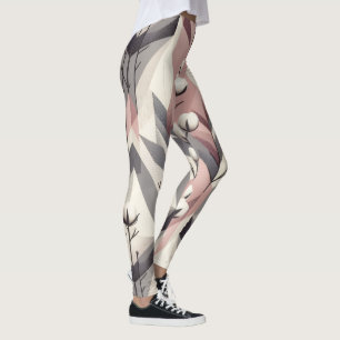 Bomullsträd Stjälk Rosa Grå Geometrisk Mönster Leggings